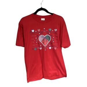 Vintage 1970's Patchwork Quilt Red Tee Shirt Large Gingham Grandma Lace Dainty